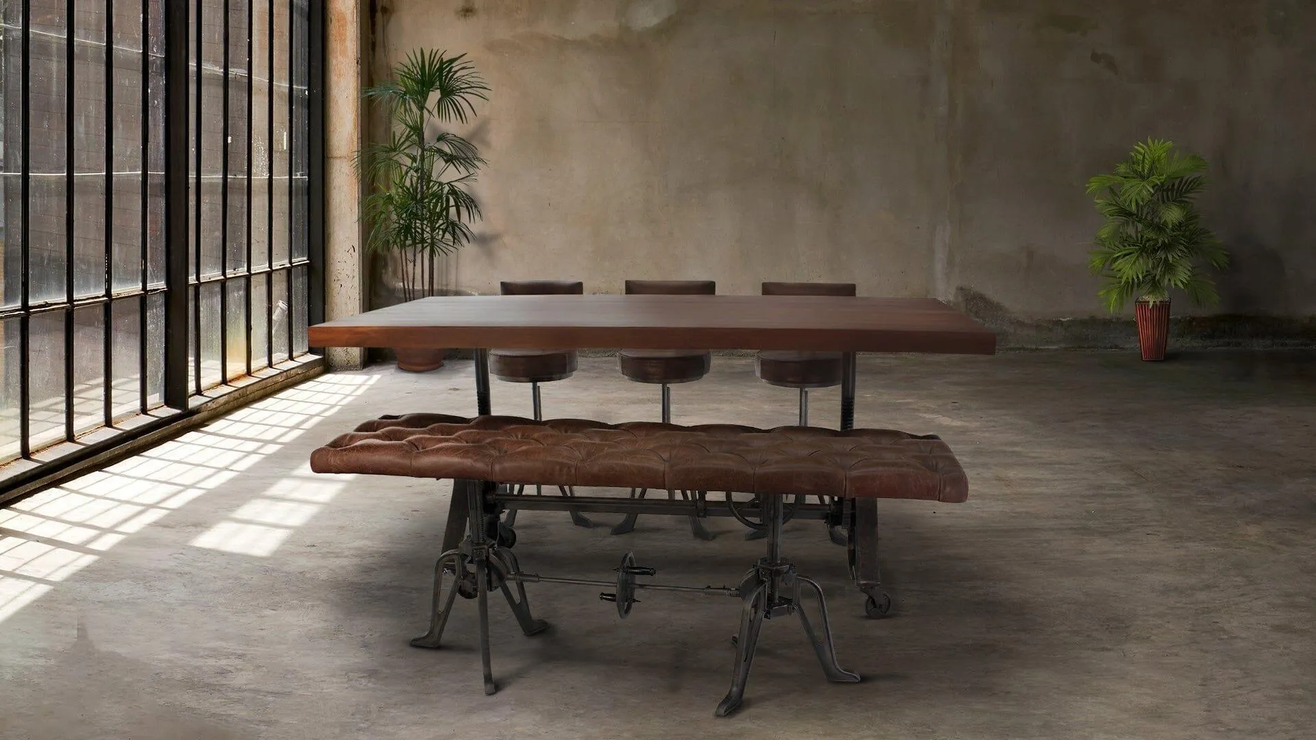 Adjustable Industrial Dining Bench - Cast Iron - Brown Tufted Leather - 70"