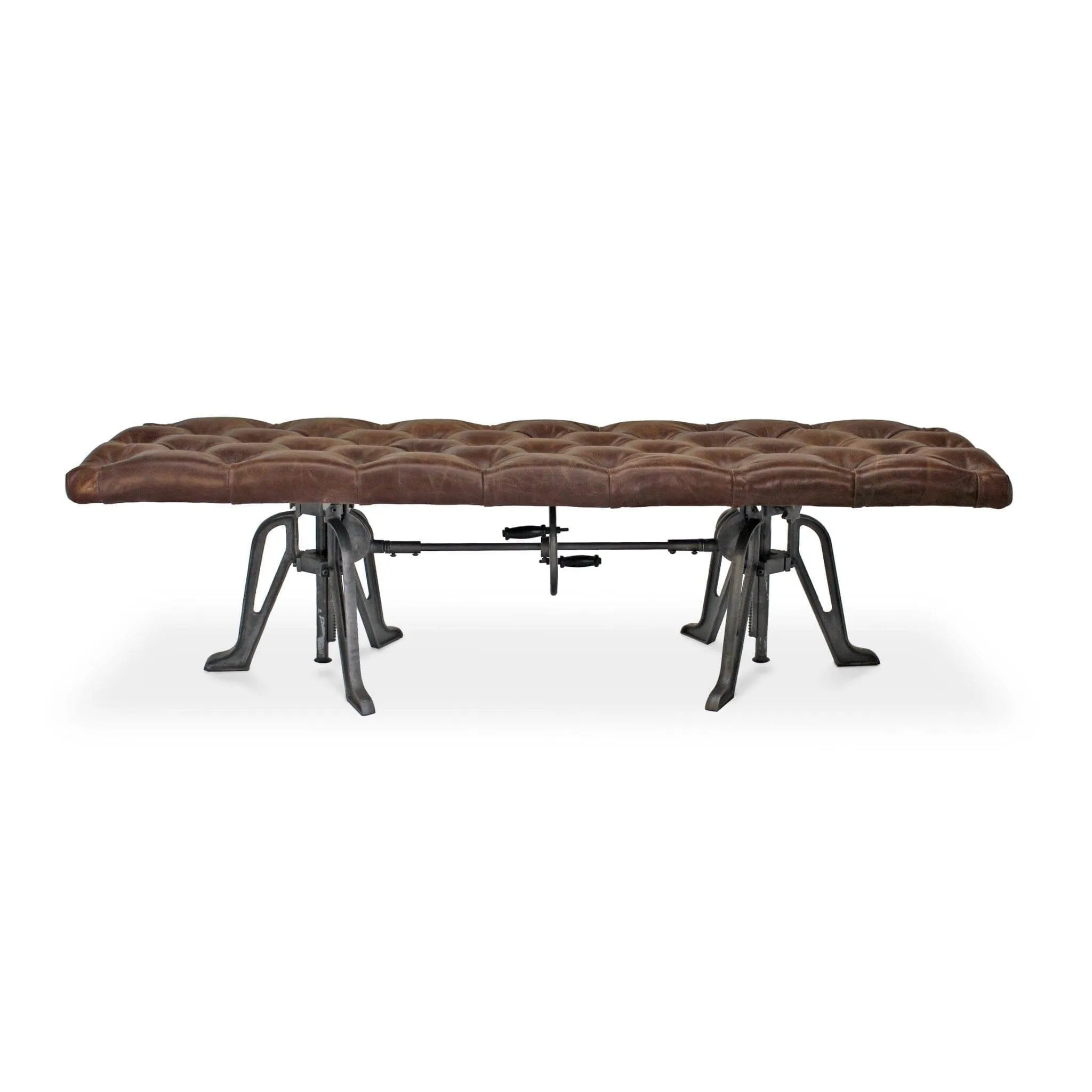 Adjustable Industrial Dining Bench - Cast Iron - Brown Tufted Leather - 70"