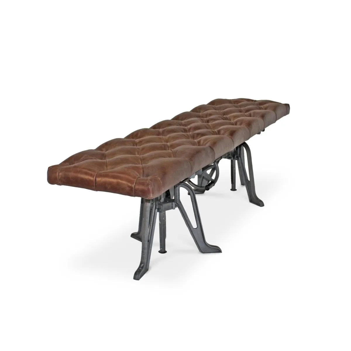 Adjustable Industrial Dining Bench - Cast Iron - Brown Tufted Leather - 70"
