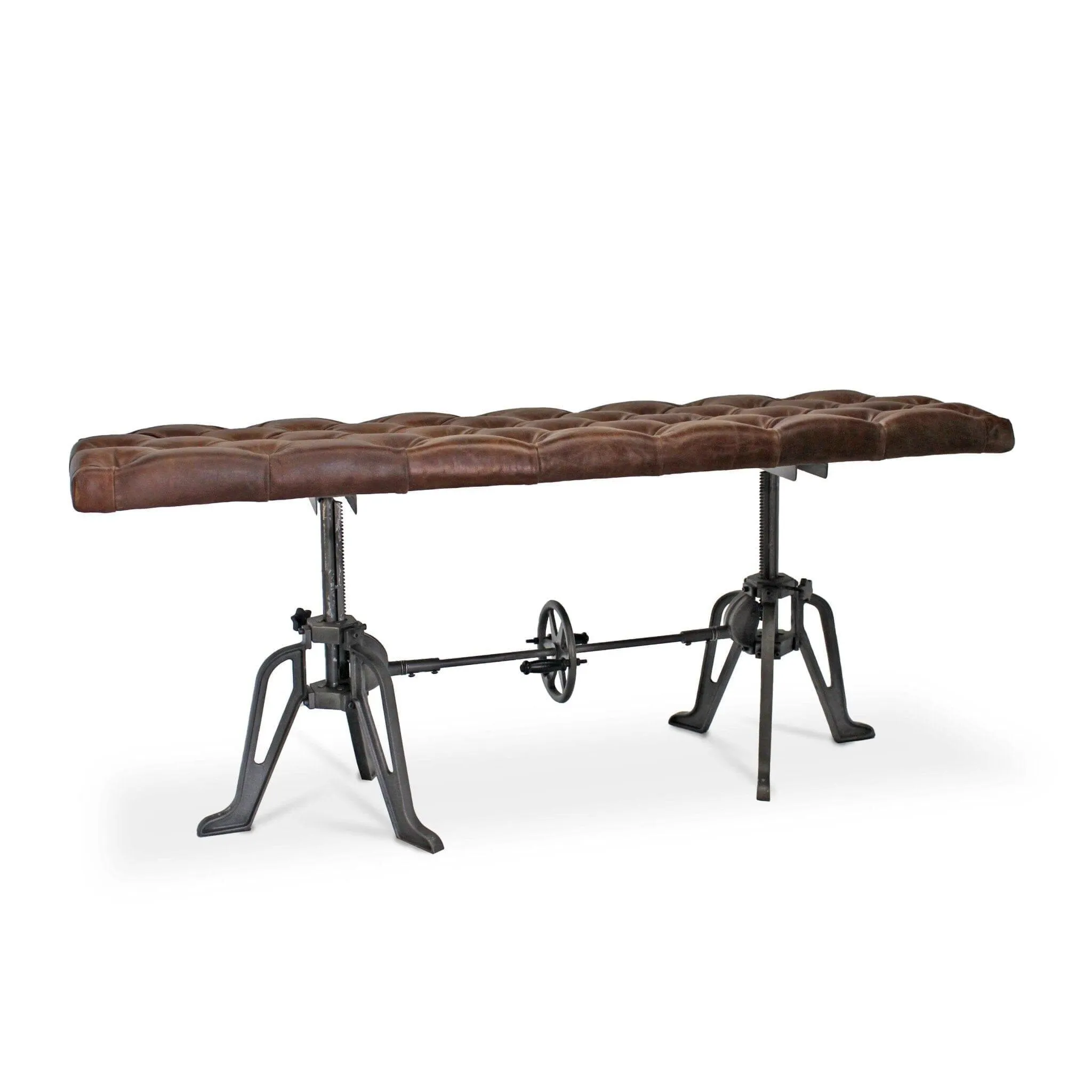Adjustable Industrial Dining Bench - Cast Iron - Brown Tufted Leather - 70"
