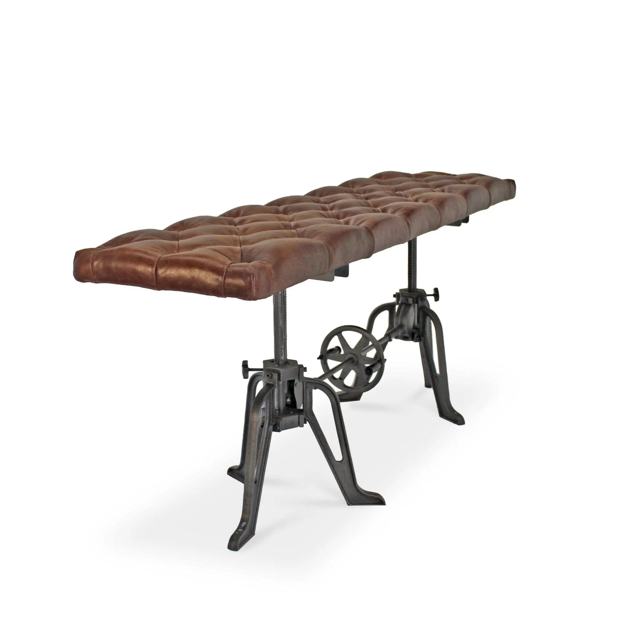 Adjustable Industrial Dining Bench - Cast Iron - Brown Tufted Leather - 70"