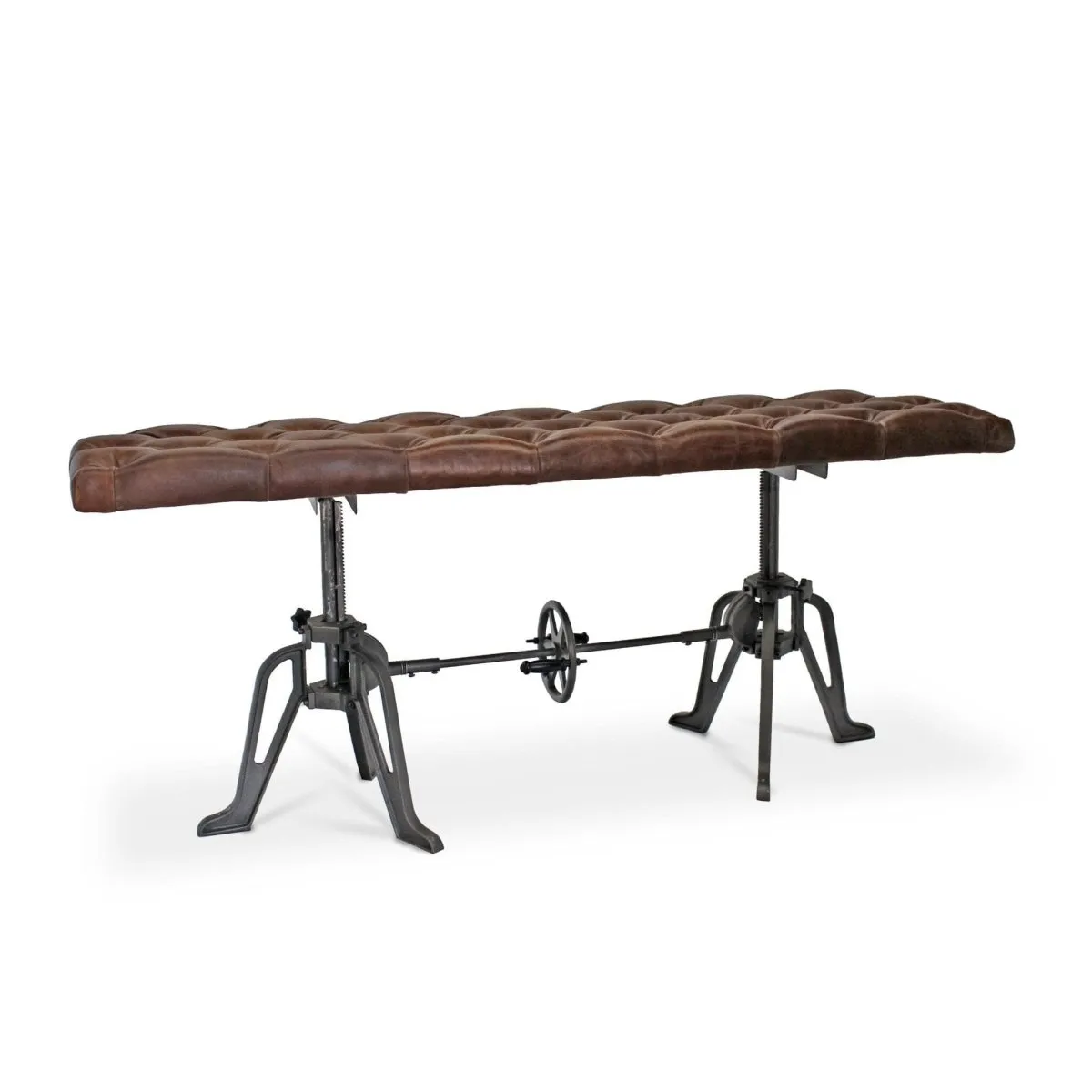 Adjustable Industrial Dining Bench - Cast Iron - Brown Tufted Leather - 70"