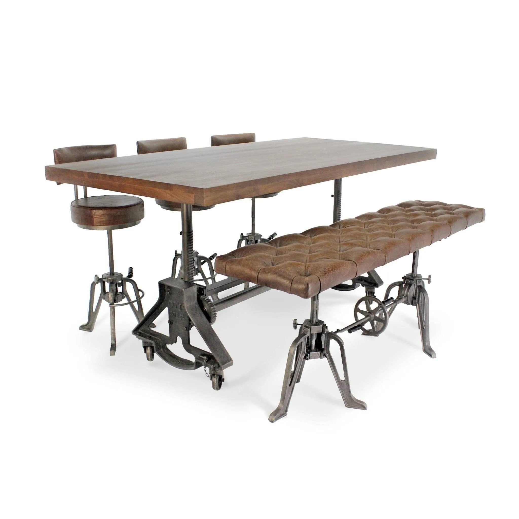 Adjustable Industrial Dining Bench - Cast Iron - Brown Tufted Leather - 70"
