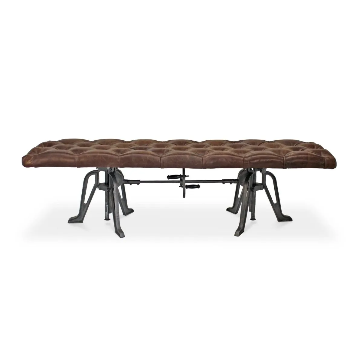Adjustable Industrial Dining Bench - Cast Iron - Brown Tufted Leather - 70"
