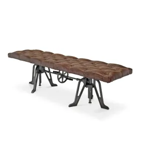 Adjustable Industrial Dining Bench - Cast Iron - Brown Tufted Leather - 70"