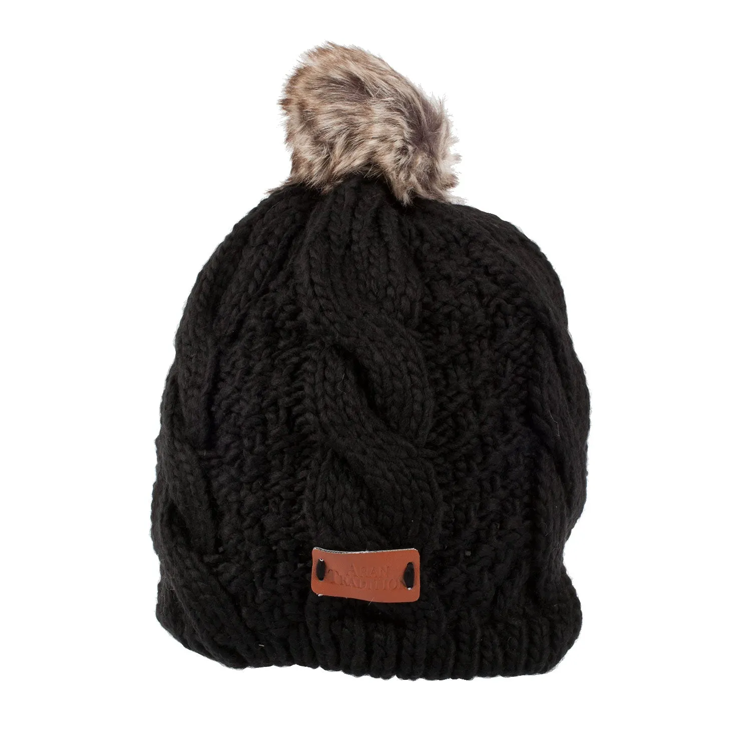Aran Tradition Knitted Black Tammy Hat With Pom Pom