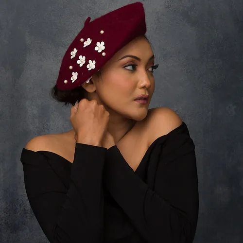 Beret Hats Burgandy With Flower Trims (Delta)
