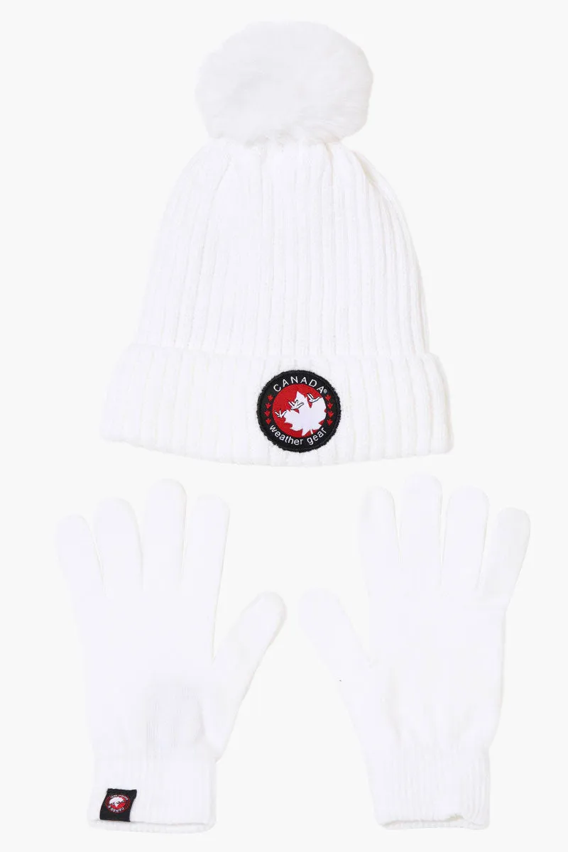 Canada Weather Gear Gloves Pom Pom Hat Set - White