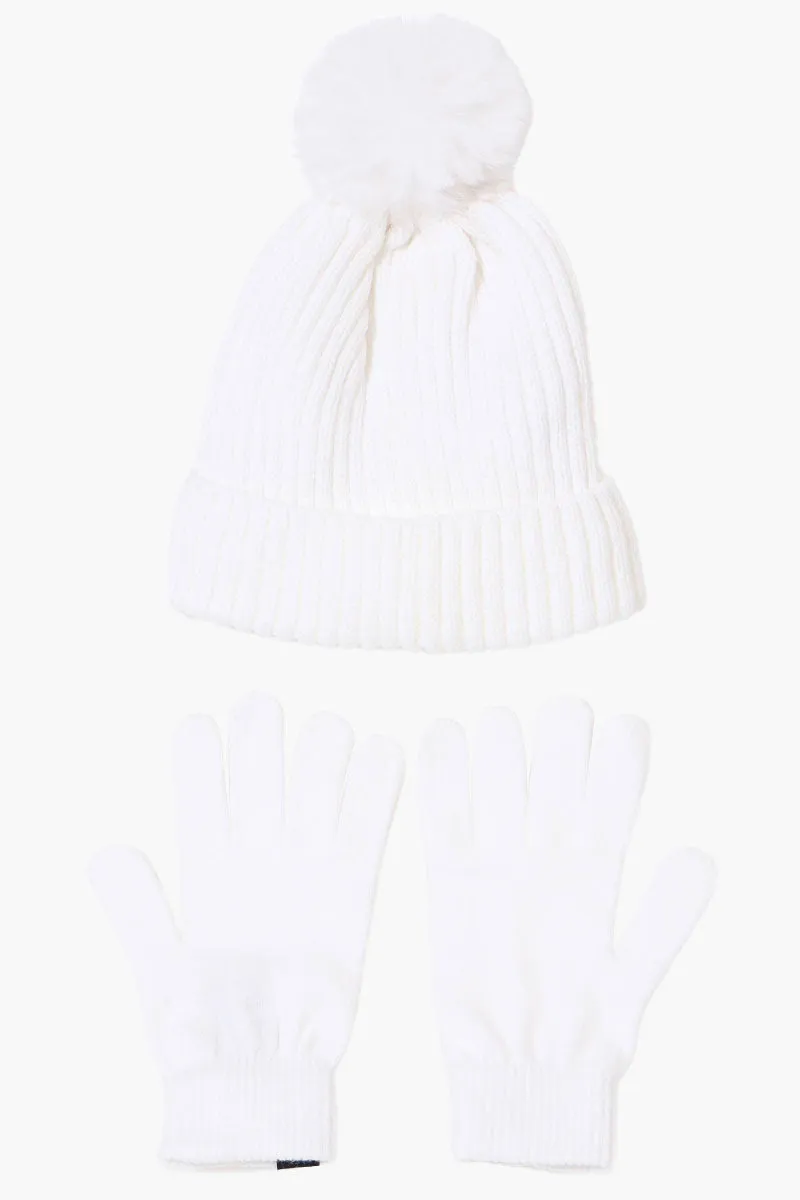 Canada Weather Gear Gloves Pom Pom Hat Set - White