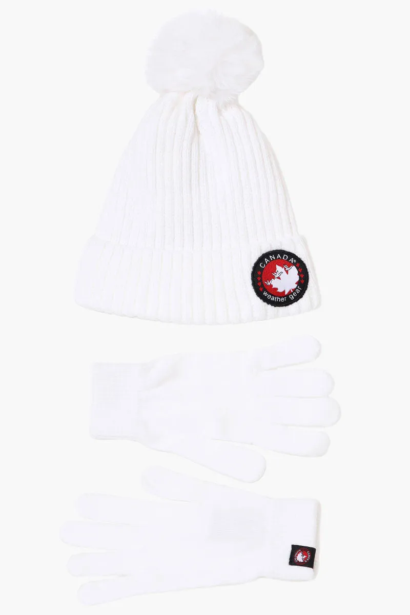Canada Weather Gear Gloves Pom Pom Hat Set - White
