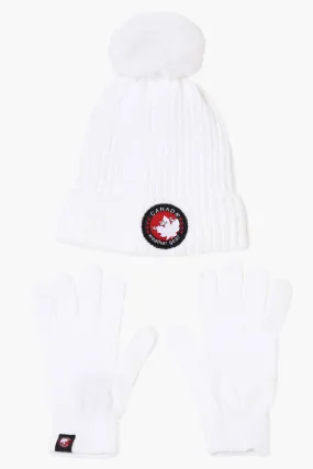 Canada Weather Gear Gloves Pom Pom Hat Set - White