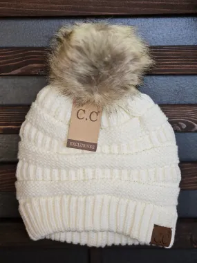 CC Trending Faux Fur Pom Beanie w/ Tan Pom in Ivory - ALL SALES FINAL