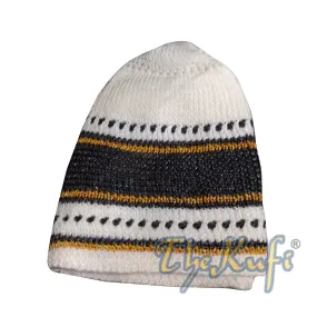 Cream Dark Gray With Gold Thread Cotton Stretch Kufi Hat