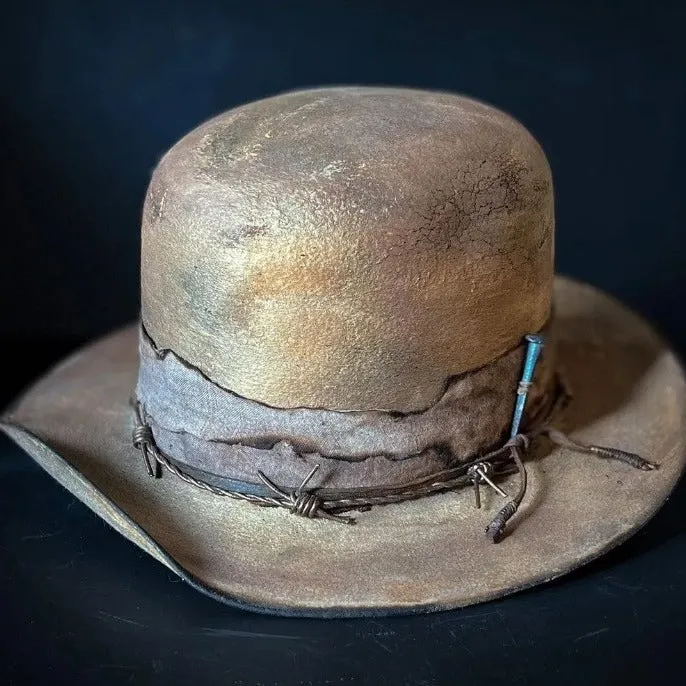 Distressed Fedora in Brown with Attached Accessory Wire Mesh Edge Decoration