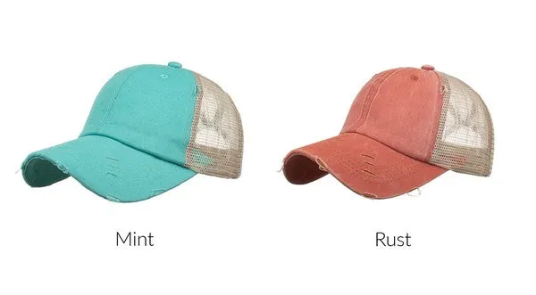 DS Distressed Messy Bun Hat Cap