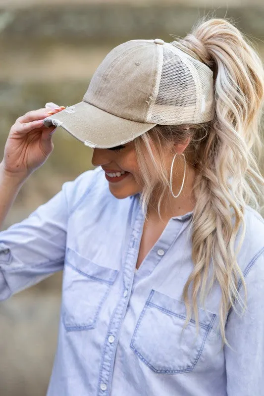 DS Distressed Messy Bun Hat Cap