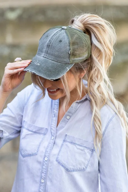 DS Distressed Messy Bun Hat Cap