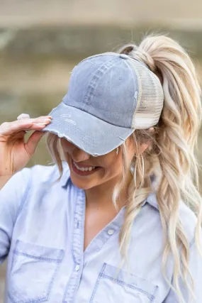 DS Distressed Messy Bun Hat Cap
