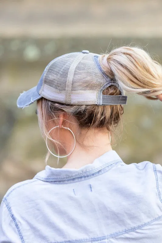 DS Distressed Messy Bun Hat Cap