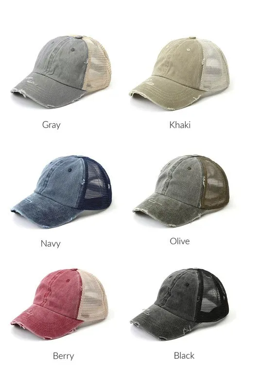 DS Distressed Messy Bun Hat Cap