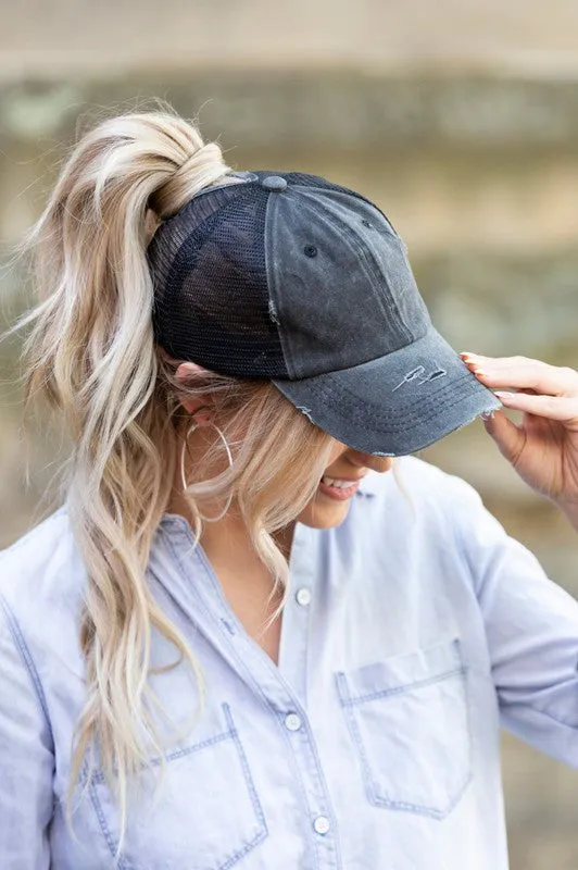 DS Distressed Messy Bun Hat Cap