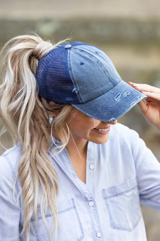 DS Distressed Messy Bun Hat Cap