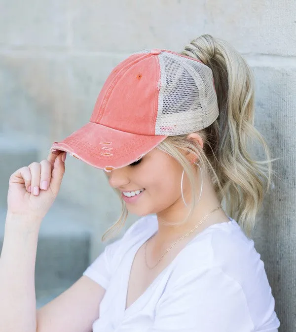 DS Distressed Messy Bun Hat Cap