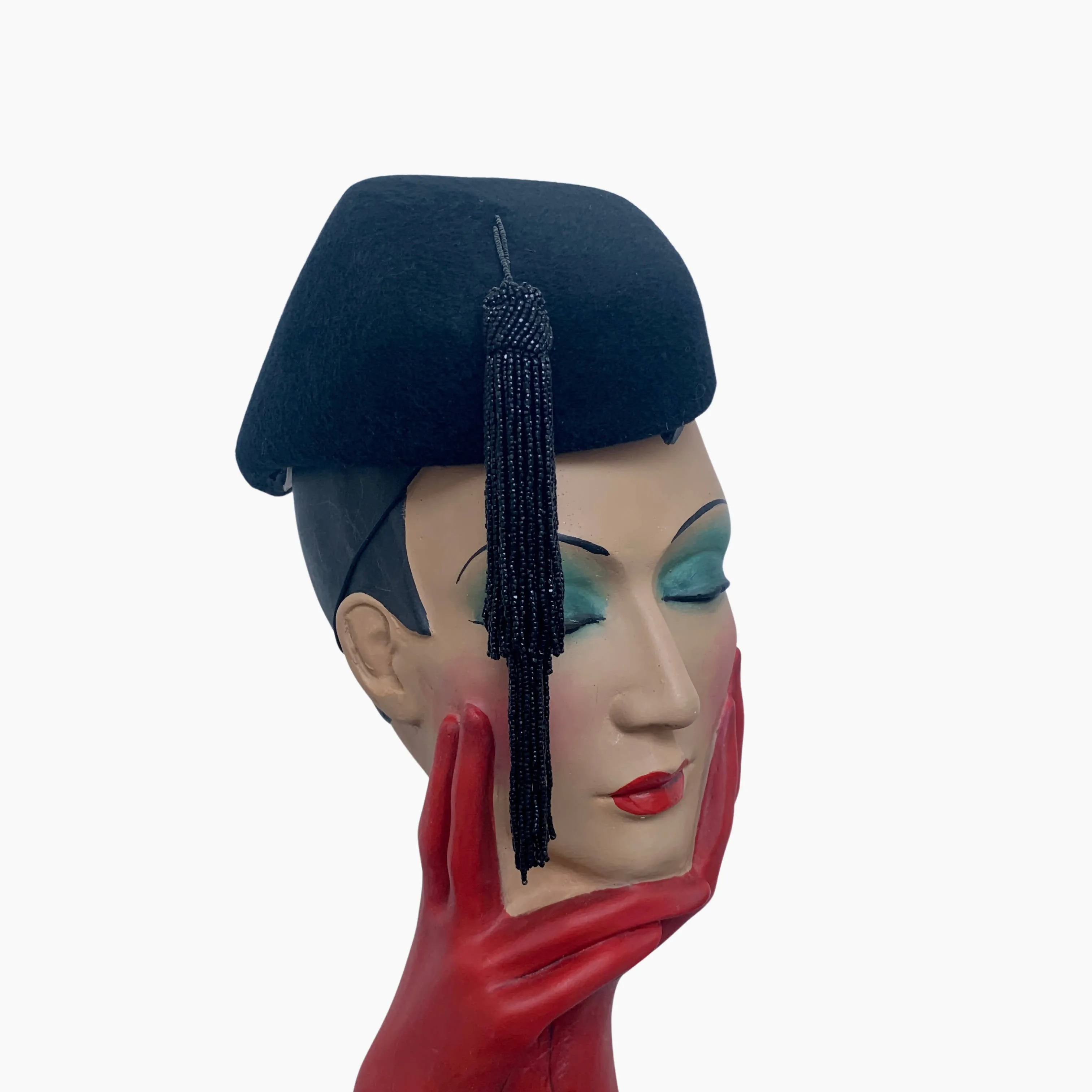 Elegant Stephen Jones black velvety felt beret fascinator with beaded tussles