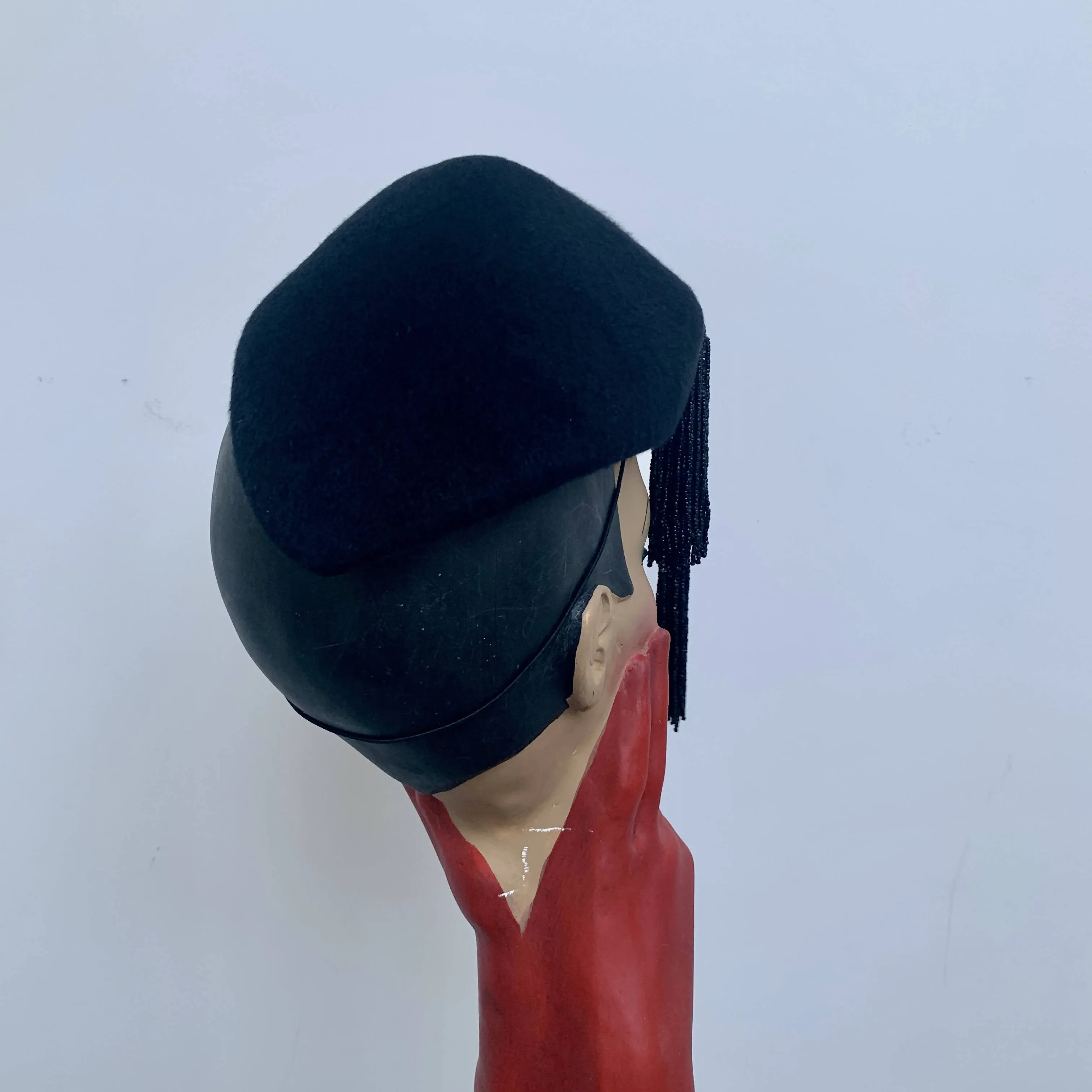 Elegant Stephen Jones black velvety felt beret fascinator with beaded tussles
