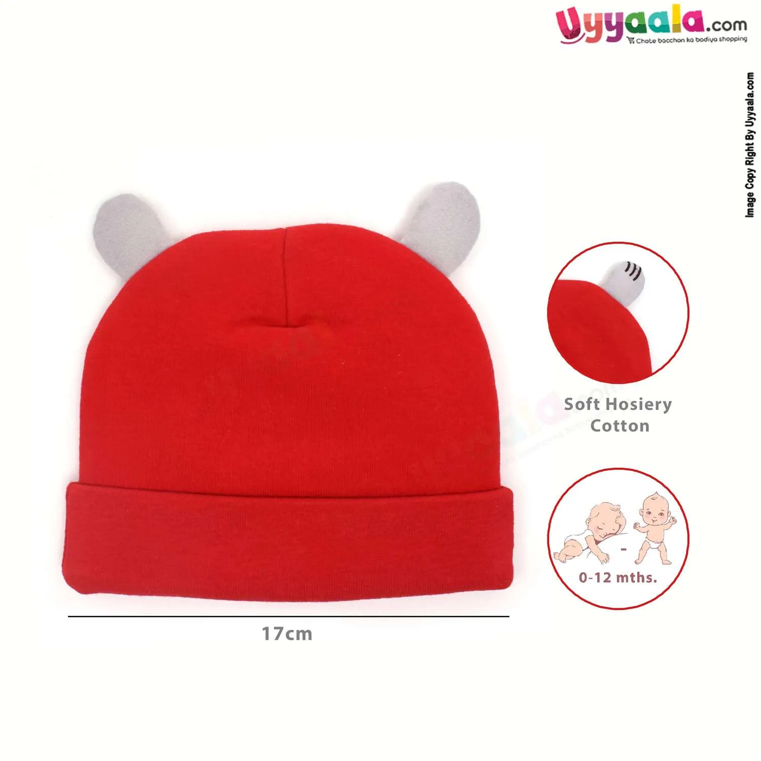 Fancy Round Cap for Babies with Stretchable Soft Hosiery Material, Panda Patch 0-12m Age- Red