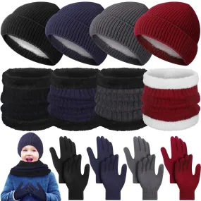 Geyoga 12 Pcs Kids Knitted Winter Hat Gloves Scarf Set for 5-8 Boys Girls Toddler Beanies Mittens Neck Warmer Scarf(Classic)