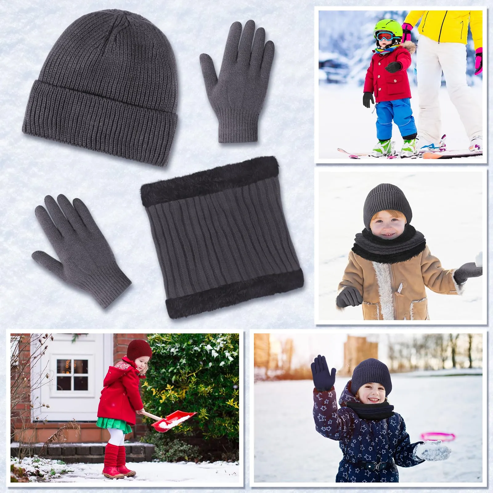 Geyoga 12 Pcs Kids Knitted Winter Hat Gloves Scarf Set for 5-8 Boys Girls Toddler Beanies Mittens Neck Warmer Scarf(Classic)