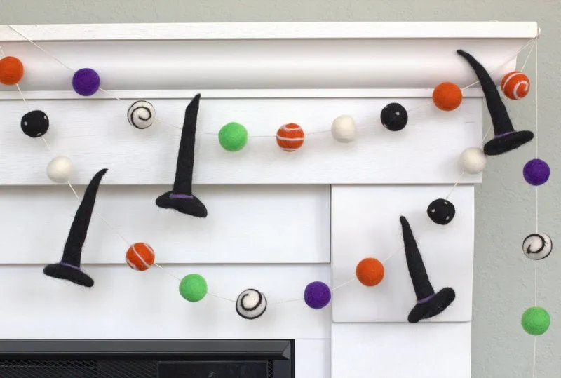Halloween Witch Hat Felt Garland- Black, Purple, Green, Orange- Dots & Swirls