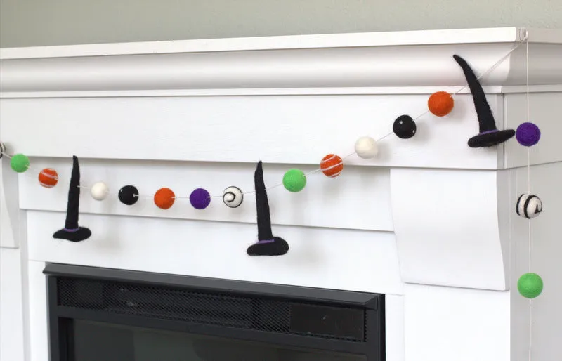 Halloween Witch Hat Felt Garland- Black, Purple, Green, Orange- Dots & Swirls