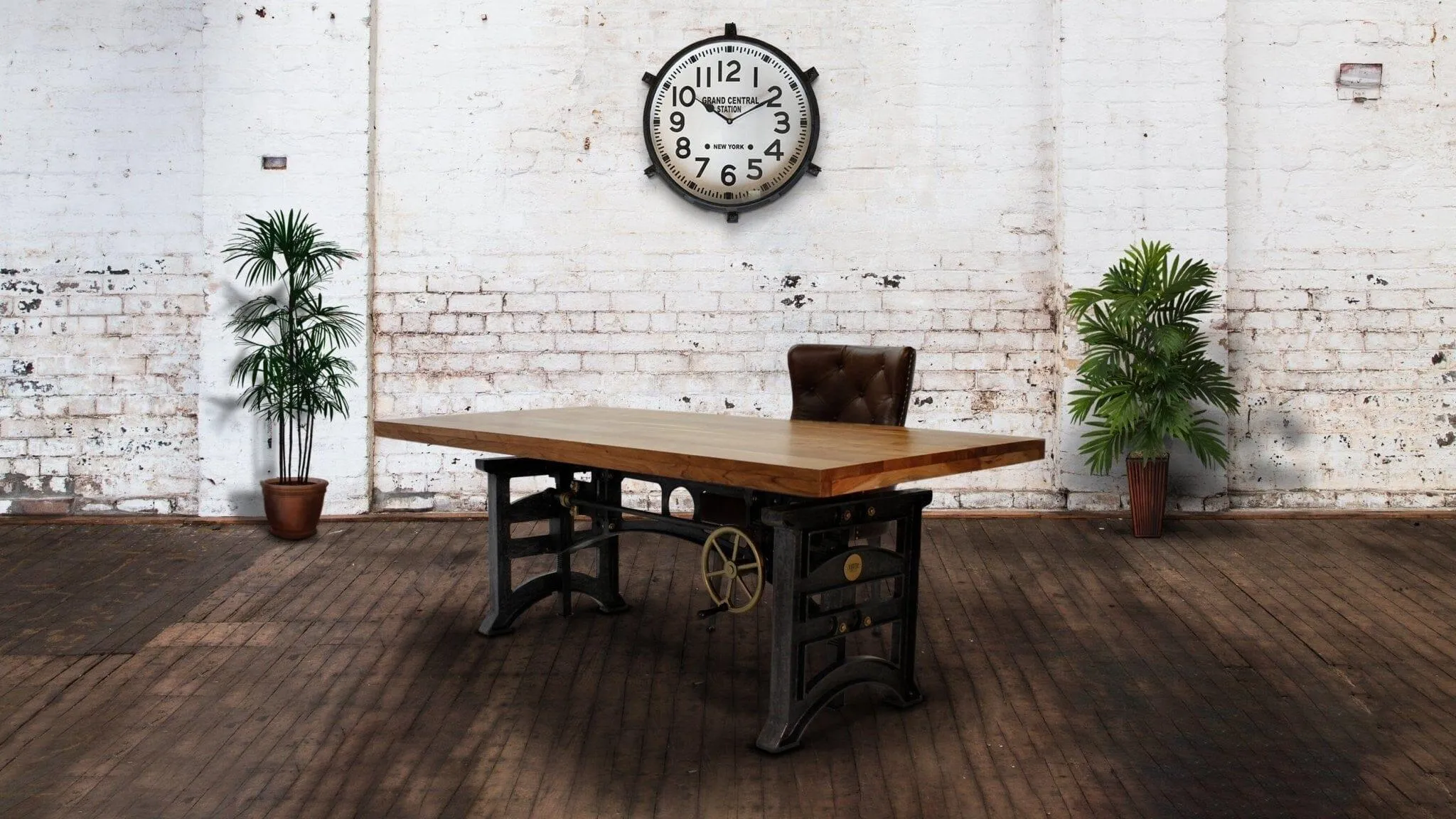 Harvester Industrial Executive Desk - Cast Iron Adjustable Base – Natural Top