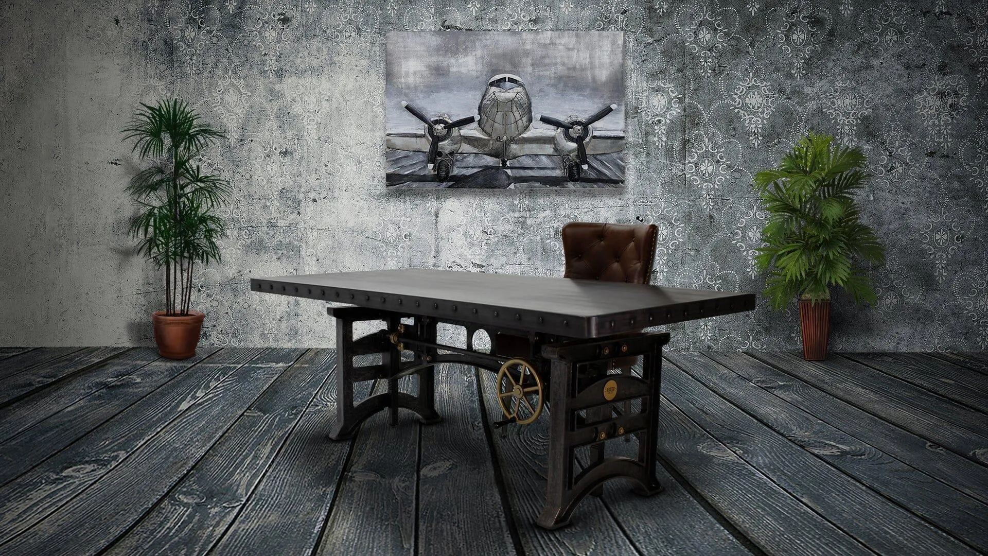 Harvester Industrial Executive Desk - Cast Iron Adjustable Base – Steel Top
