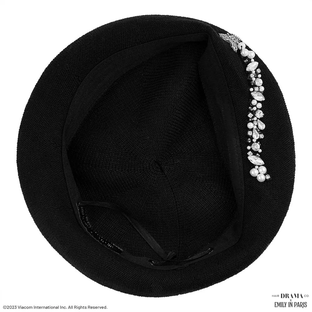 HDC X Emily In Paris Black Beret with Pearls, Crystals & Eiffel Tower Embellishement