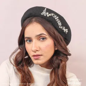 HDC X Emily In Paris Black Beret with Pearls, Crystals & Eiffel Tower Embellishement