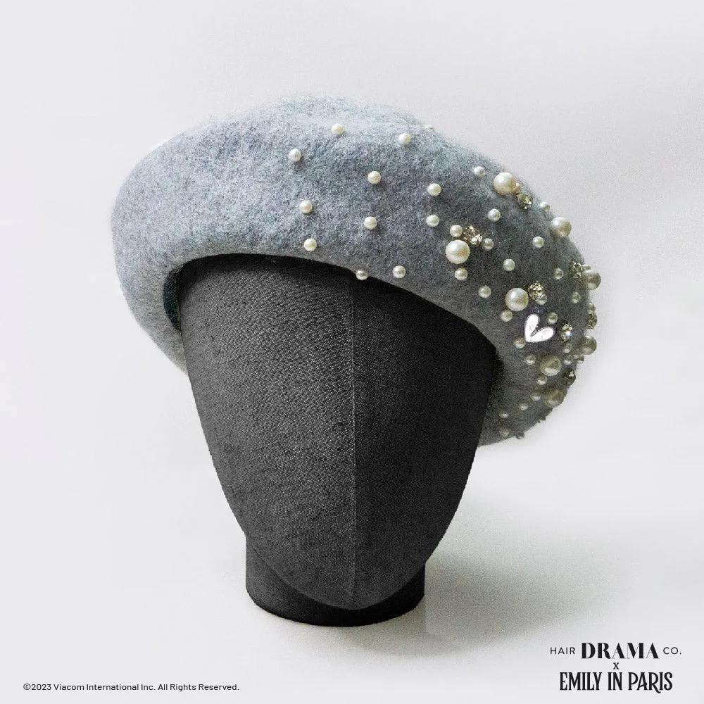 HDC X Emily In Paris Grey Beret with Pearls, Crystals & Heart Charm