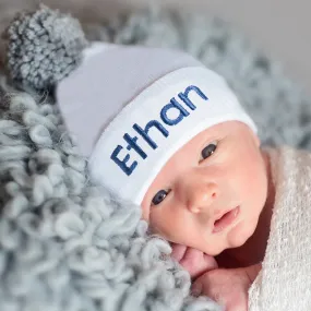 ilybean White Personalized Newborn Boy Hospital Hat with Handmade Grey Pom Pom