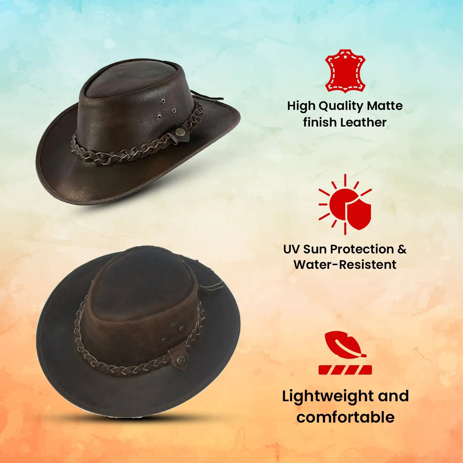 Kids Children's Brown Leather Bush Hat Cowboy Hat One Size 55cm Boy/Girl