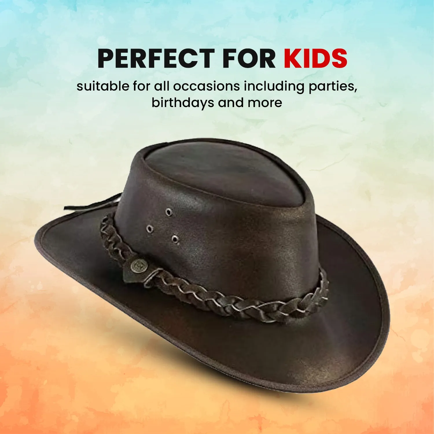 Kids Children's Brown Leather Bush Hat Cowboy Hat One Size 55cm Boy/Girl
