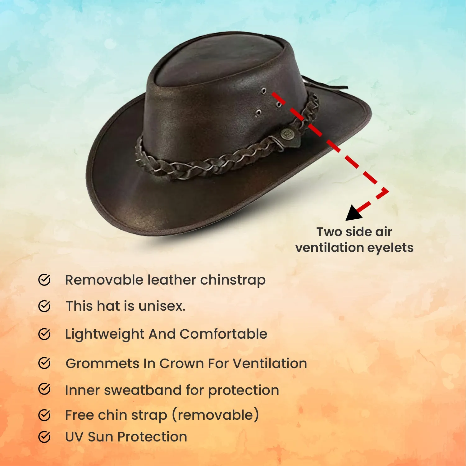 Kids Children's Brown Leather Bush Hat Cowboy Hat One Size 55cm Boy/Girl