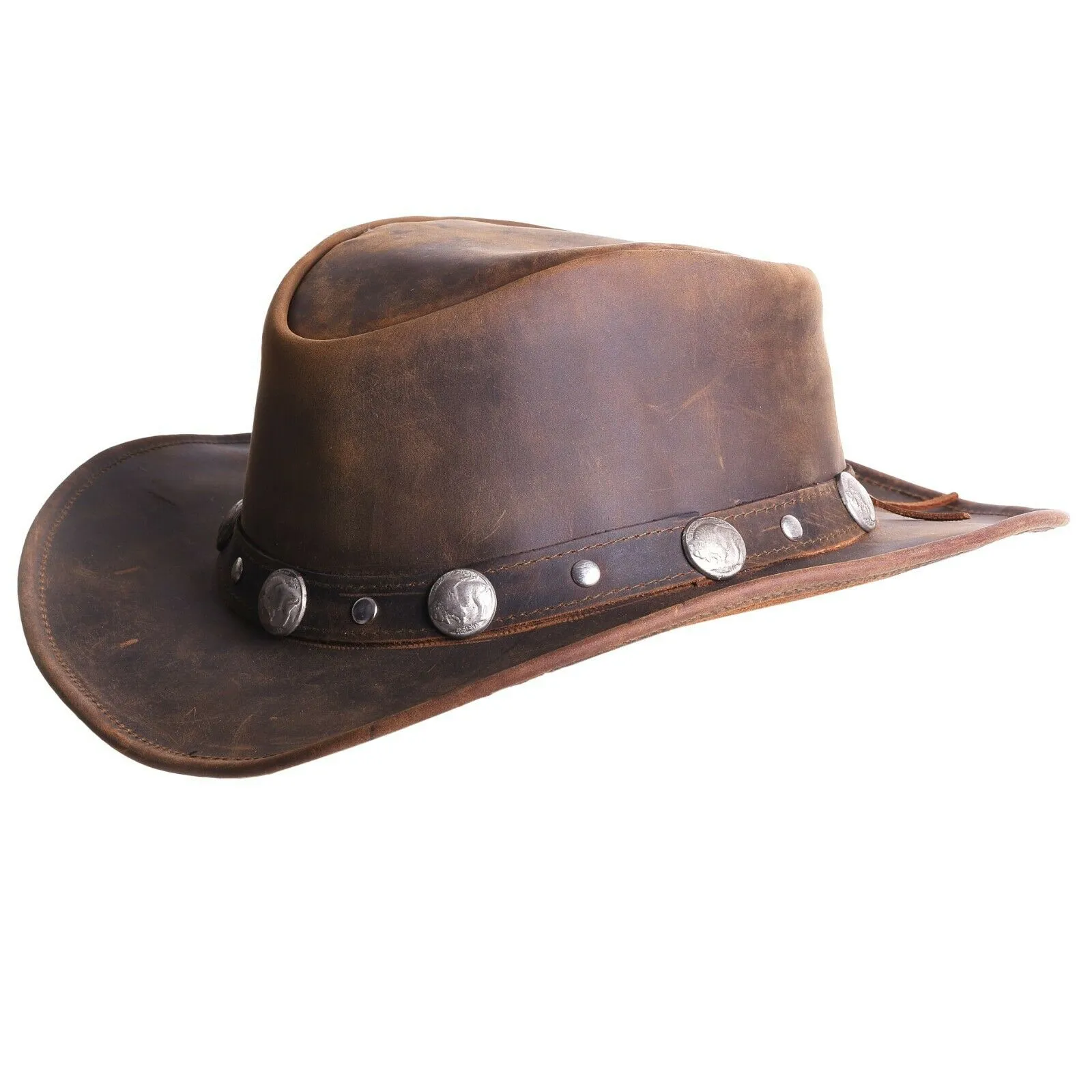 Leather Cowboy Western Style Hat Brown With Conchos Leather Band