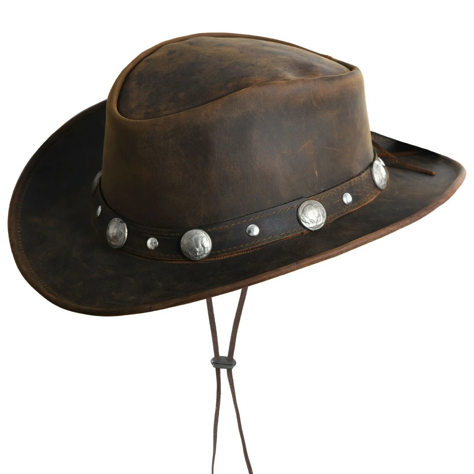 Leather Cowboy Western Style Hat Brown With Conchos Leather Band