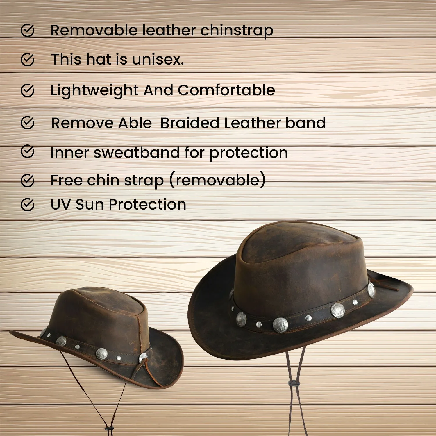 Leather Cowboy Western Style Hat Brown With Conchos Leather Band