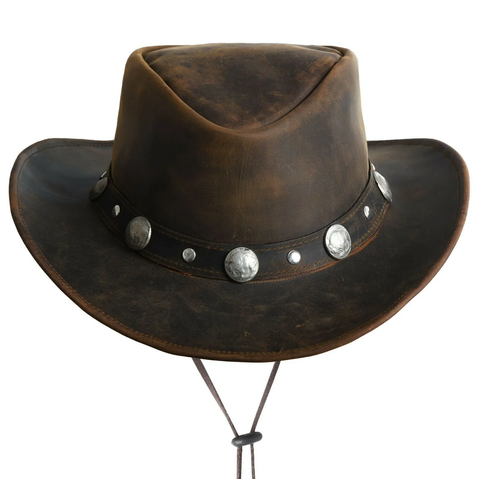 Leather Cowboy Western Style Hat Brown With Conchos Leather Band