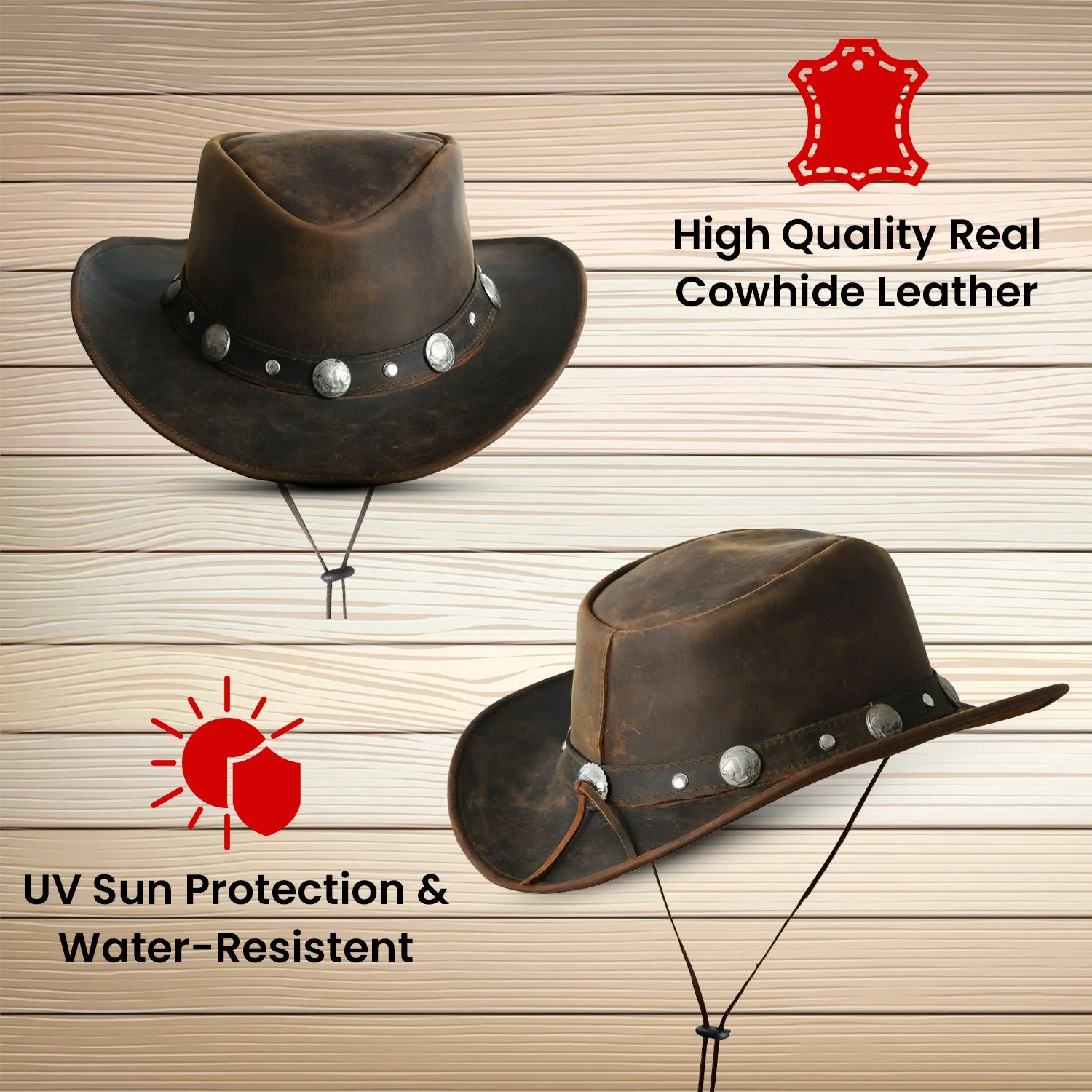 Leather Cowboy Western Style Hat Brown With Conchos Leather Band