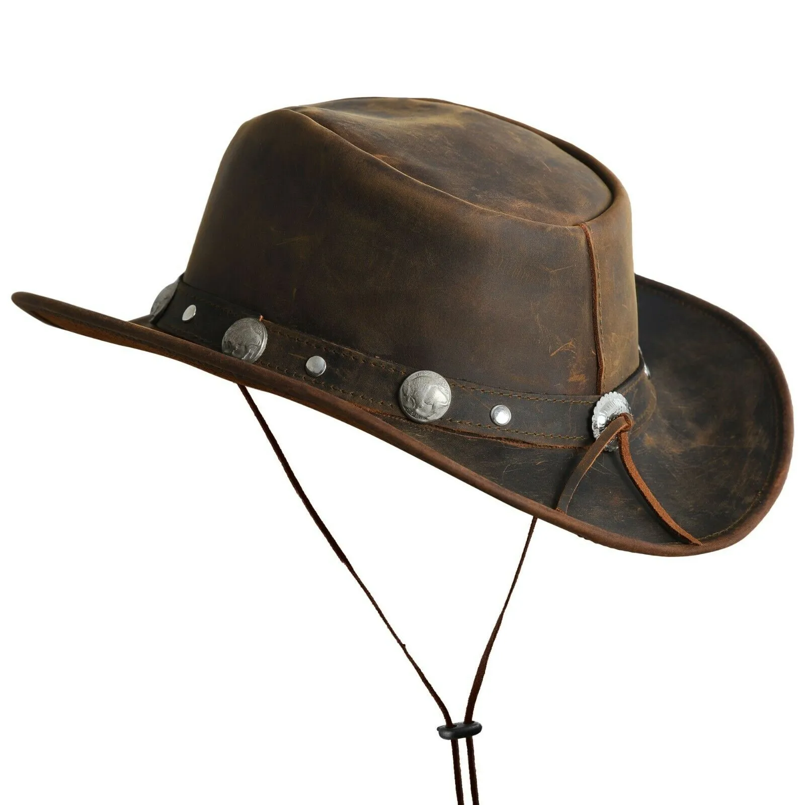 Leather Cowboy Western Style Hat Brown With Conchos Leather Band