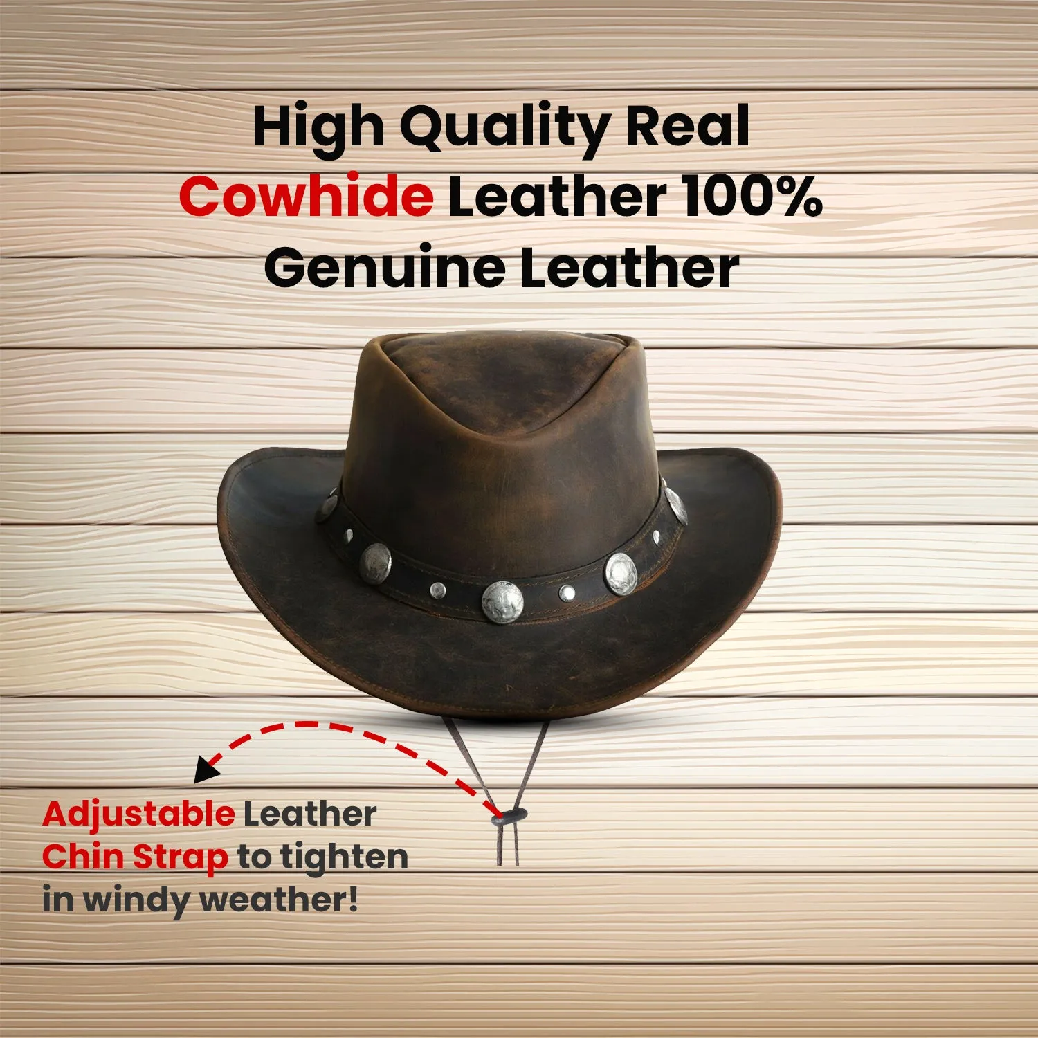 Leather Cowboy Western Style Hat Brown With Conchos Leather Band